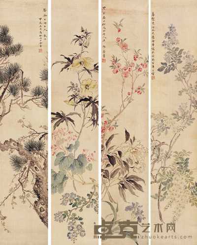 金章 1904年作 花卉图 四屏 119×24cm×4